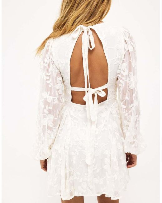 NA-KD White Embroidered Chiffon Long Sleeve Mini Dress