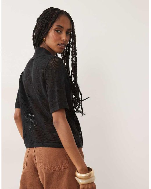 Abercrombie & Fitch Black Open Knit Button Up Top