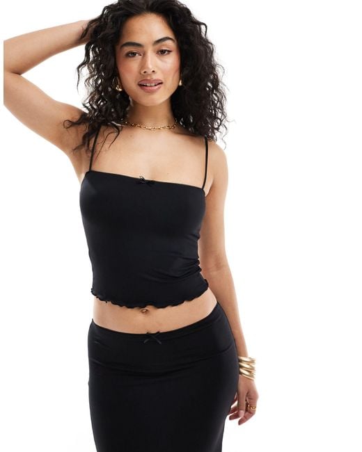 Bershka Black Contrast Trim Bow Detail Strappy Top Co-ord