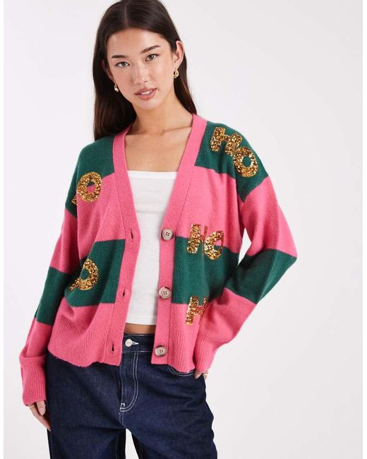 Brave Soul Red Christmas Stripe Cardigan With Sequin Detail