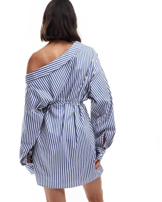 EDITED Blue Off Shoulder Shirt Mini Dress