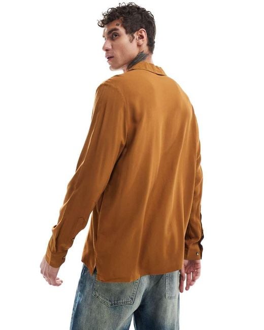 ASOS Brown Relaxed Deep Revere Viscose Shirt for men