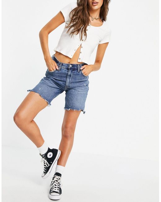 Abercrombie \u0026 Fitch Denim Shorts Met Scheuren En Mid E Wassing in het Blauw  - Lyst