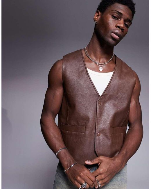 ASOS Gilet Van Imitatieleer in het Brown voor heren