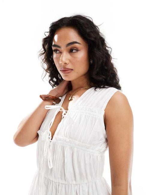 ONLY White Tie Front Ruched Cotton Midaxi Dress
