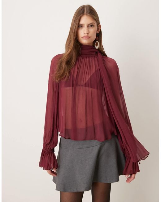 Mango Red Gathe Neck Blouse