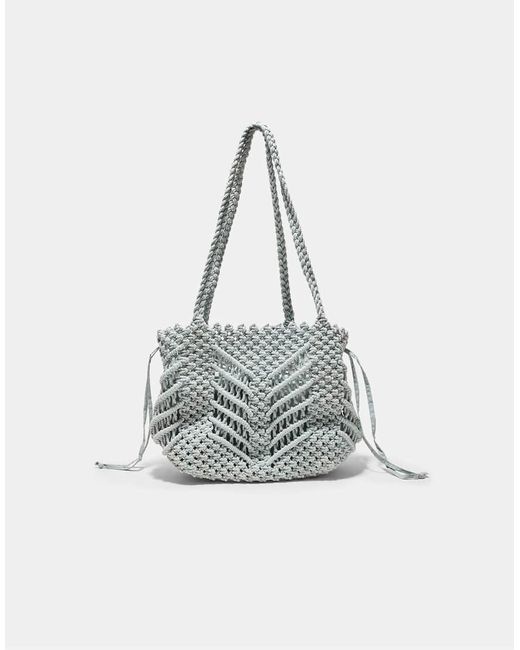 Stradivarius White Metallic Thread Crochet Shopper Bag