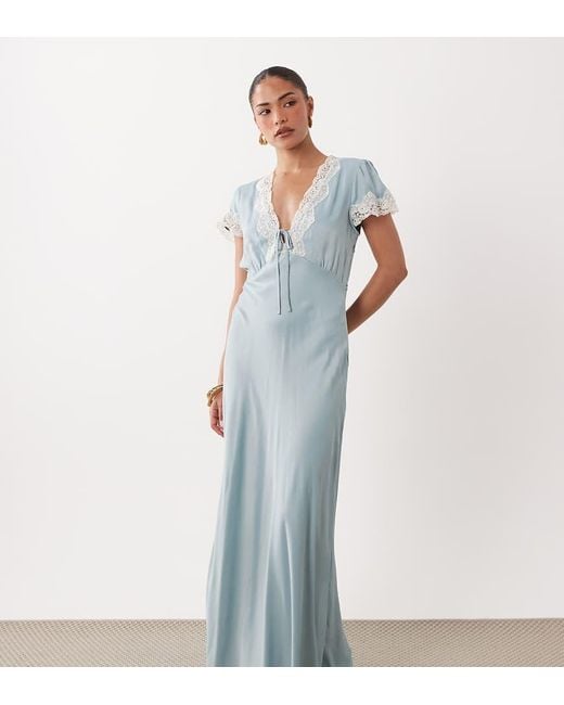 Nobody's Child Petite Blue Aida V-Neck Lace Trim Tie Detail Maxi Dress
