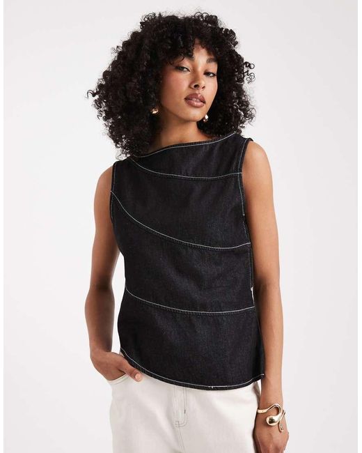 Top Vaquero Negro Y Crudo Asimétrico Con Costuras A La Vista De ASOS de color Black