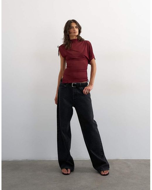 TOPSHOP Red Mesh Ruched One Sleeve Top