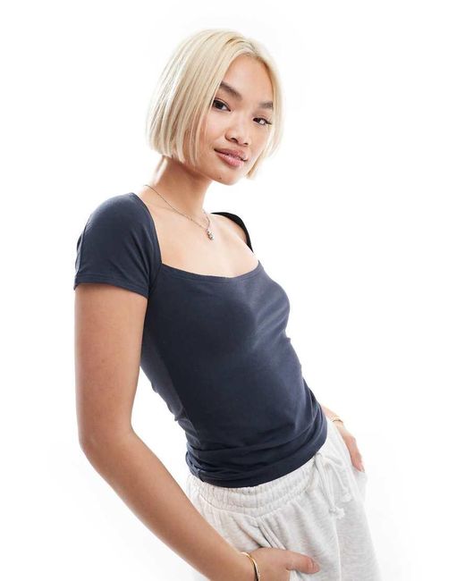Daisy Street Blue Square Neck Jersey Top
