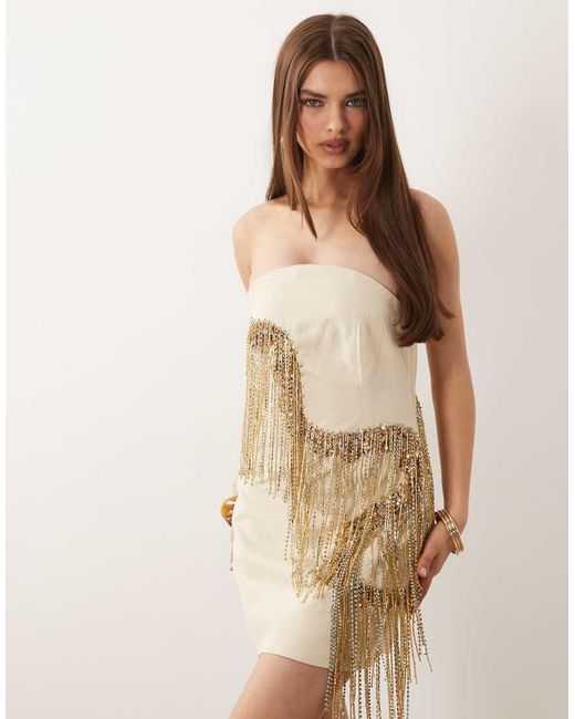 ASOS Natural Curved Bandeau Mini Dress With Gold Tassel Embellished Fringe