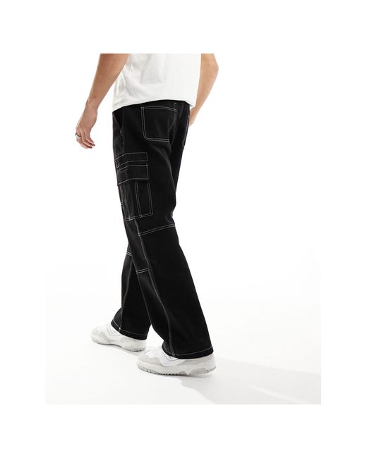 Pantalon cargo ample à coutures contrastantes Bershka pour homme en coloris Black