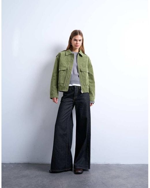 TOPSHOP Green Faux Suede Quilted Lined Bomber Jacket With Popper Details
