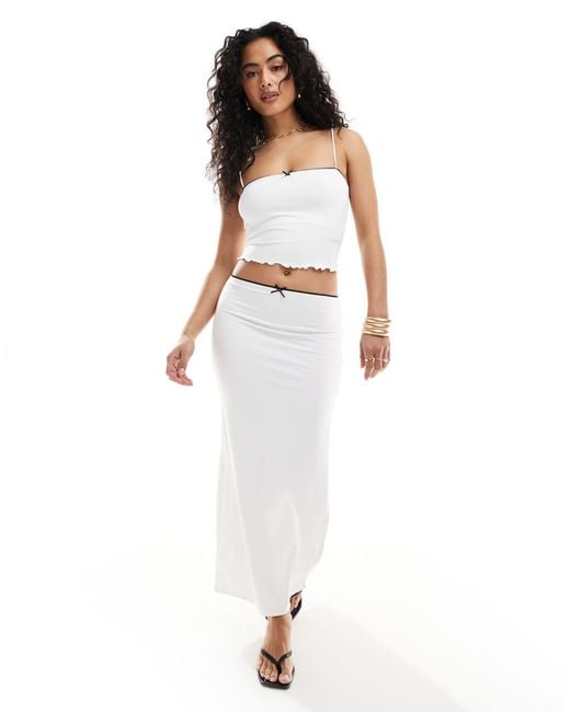 Bershka White Contrast Trim Bow Detail Strappy Top Co-ord