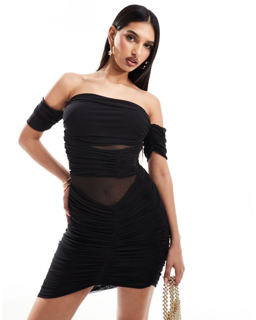 ASOS Black Bardot Ruched Mesh Panel Mini Dress