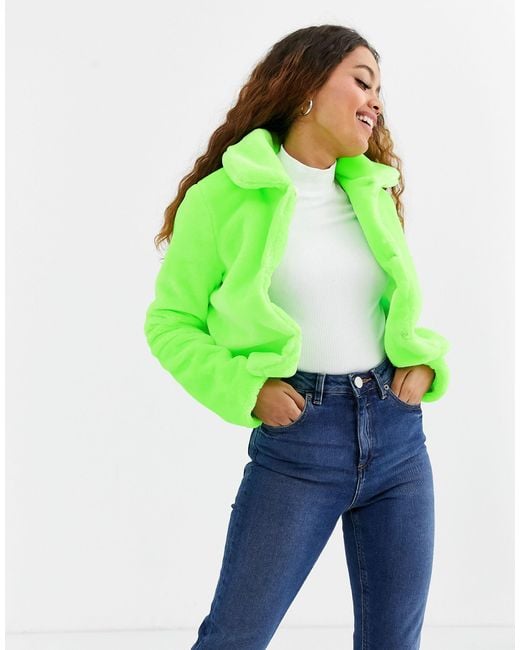 Brave Soul Rome Neon Cropped Faux Fur Jacket-green
