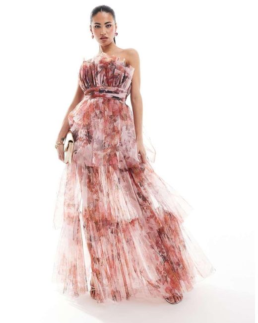 LACE & BEADS Pink Bandeau Tulle Maxi Dress