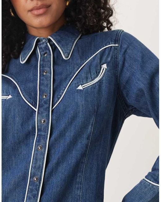 Vestito Camicia Di Jeans Stile Western Medio Con Profili A Contrasto di Wrangler in Blue