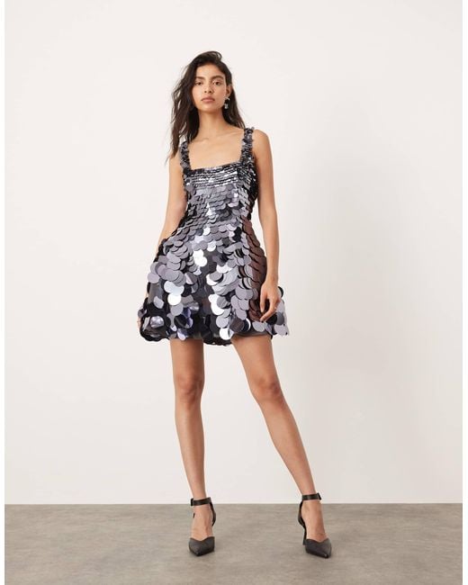 asos design delicate sequin plunge mini dress with full skirt ASOS EDITION embellished disc sequin square neck full skirt mini dress in slate blue