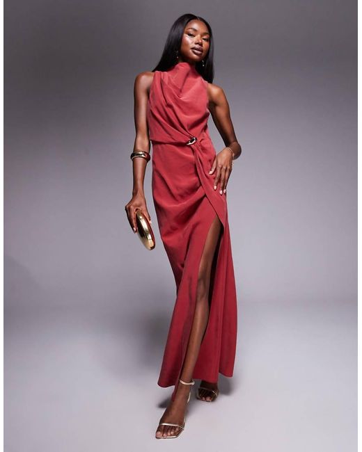 ASOS Red Asymmetric Neckline Maxi Dress With Hardware Trim