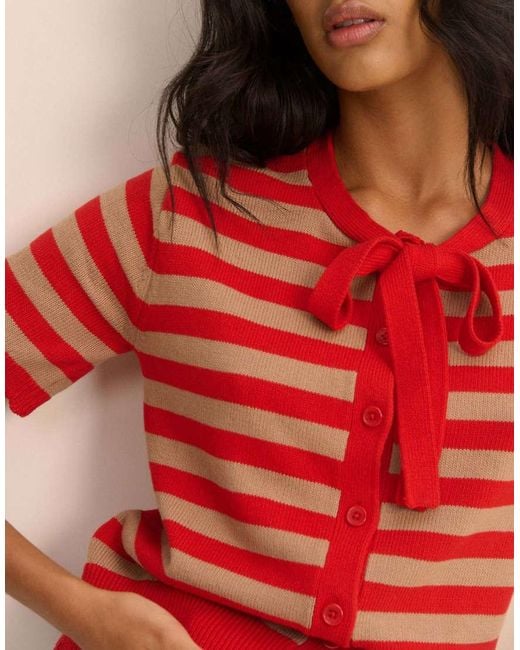 Nobody's Child Red Strip Short Sleeve Tie Neck Cardigan