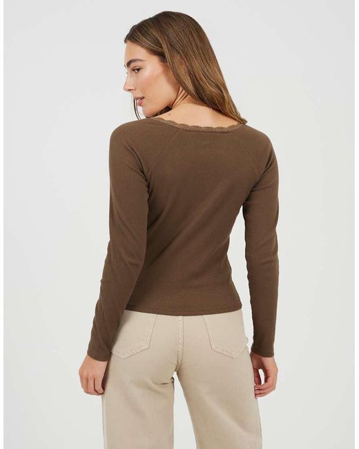 Brave Soul Brown Ribbed Long Sleeve Top With Lace Trim