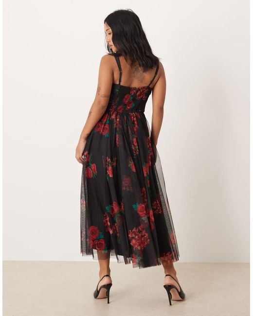 LACE & BEADS Red Tulle Corset Midaxi Dress