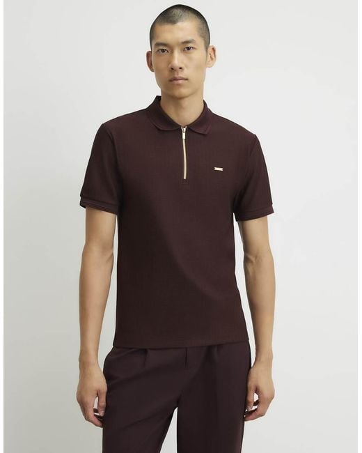River Island Brown Muscle Fit Cotton Textured Polo Shirt for men