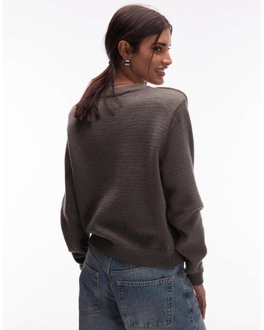 ASOS Gray Knitted High V Neck Jumper With Shoulder Pads