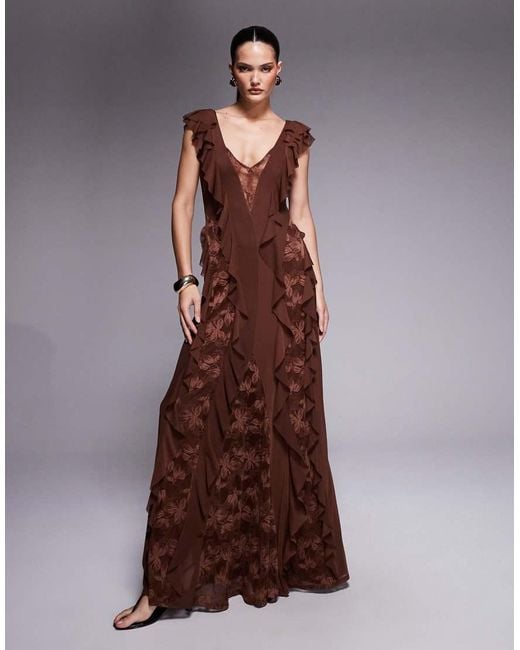 AFRM Brown Trista Lace Insert Ruffle Maxi Dress
