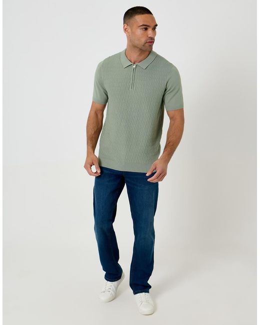 Threadbare Green Textured Knit Quarter Zip Polo for men