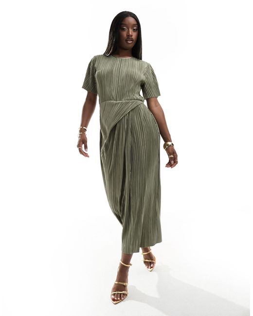 ASOS Green Short Sleeve Plisse Twist Skirt Midi Dress