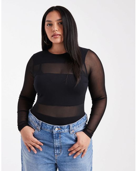 ASOS Black Asos Design Curve Mesh Mix Mesh Panel Long Sleeve Bodysuit