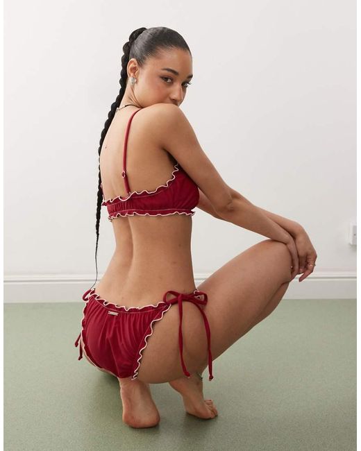 Reclaimed Vintage Red Tie Side Bikini Bottoms With Frills