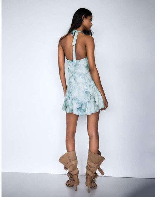 Bershka Blue Mini Halter Print Dress