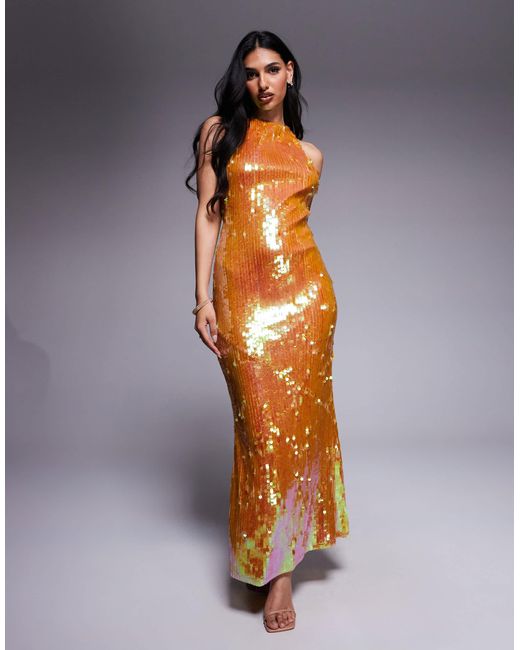 ASOS Gray Iridescent Sequin High Neck Maxi Dress With Open Back