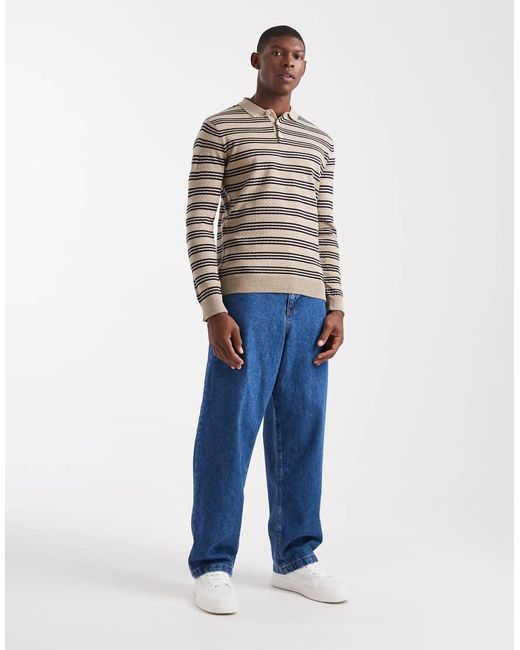 ASOS Gebreide Gestreepte Polo Met Lange Mouwen in het Blue voor heren