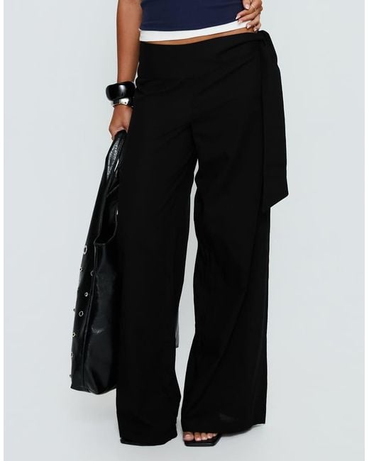 Princess Polly Blue Wave Dancer Cotton Blend Tie Side Wide Leg Trousers