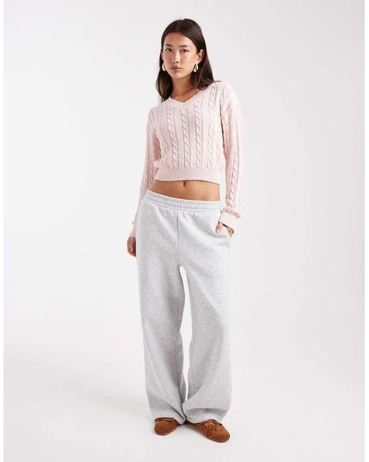Cotton On White V-Neck Cotton Cropped Cable Pullover