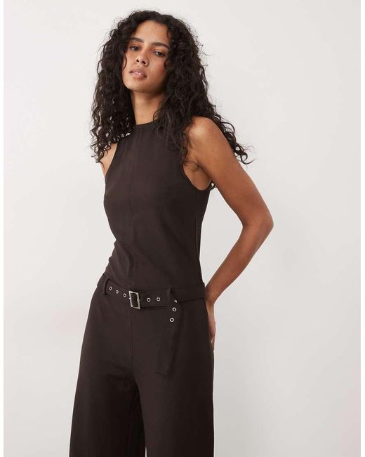 Mango Brown Sleeveless Belted Jumpsuit