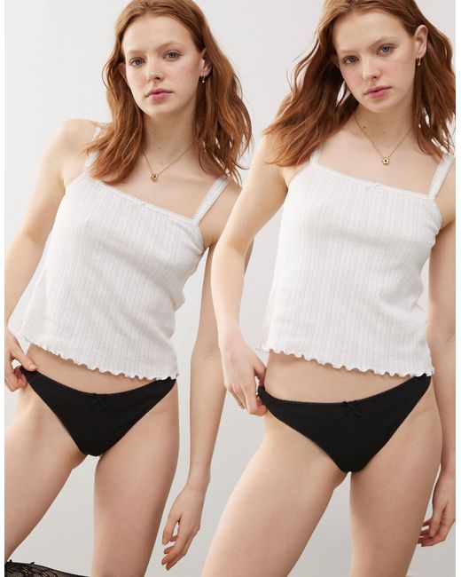 Monki White 2 Pack Soft Pointelle Thongs With Small Bows
