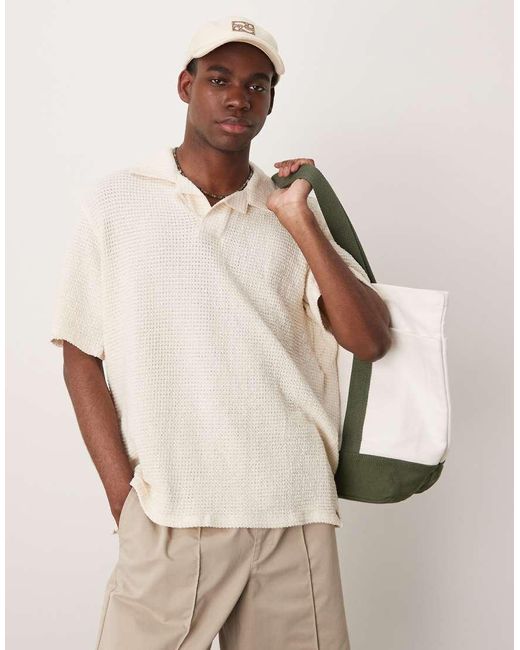 Mango Natural Waffle Texture Revere Collar Polo Top for men
