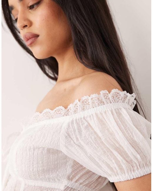 The Frolic White Exclusive Lace Trim Bardot Puff Sleeve Split Front Top Co-Ord