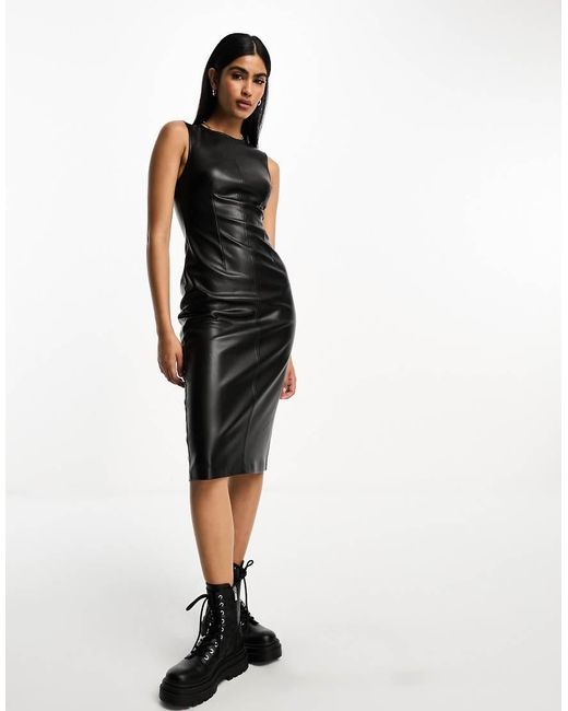 Stradivarius Black Faux Leather Tank Midi Dress