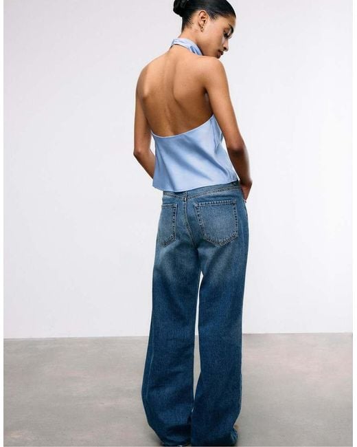 Stradivarius Blue Satin Effect Halter Top
