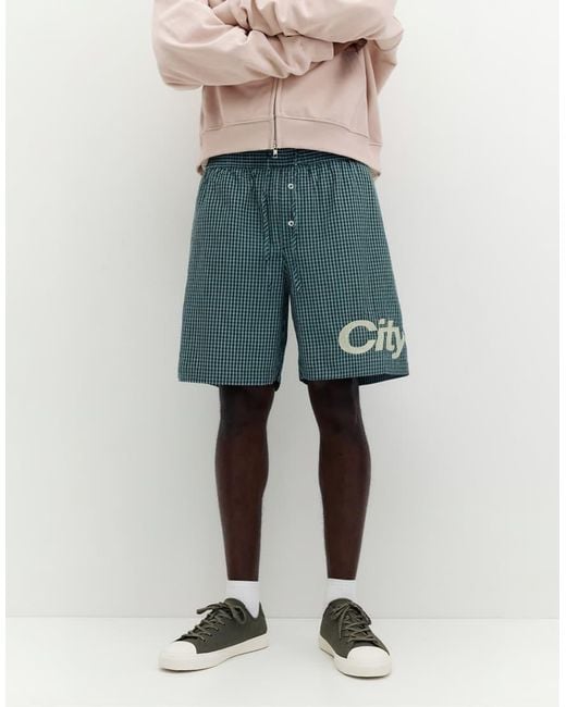 Pull&Bear Green Checked Graphic Bermuda Shorts for men
