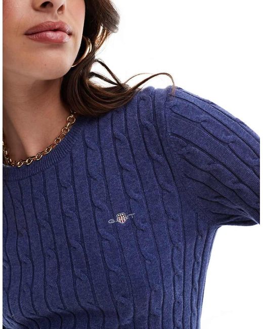 Gant Blue Cotton Cable Knit Crew Neck Jumper With Logo