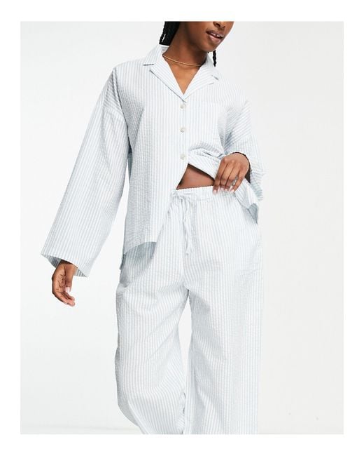 Lindex Cotton Seersucker Stripe Revere Top And Wide Leg Trouser Pyjama Set  in Blue | Lyst