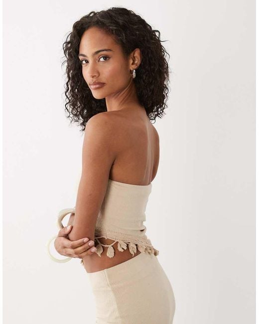 ASOS Natural Co-ord Crinkle Texture Tassel Fringe Asymmetric Bandeau